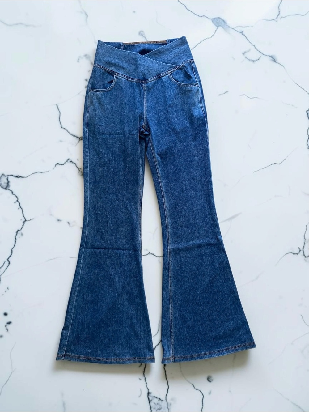NWT HALARA Dark Blue Flare Jeans with Crossover Waist